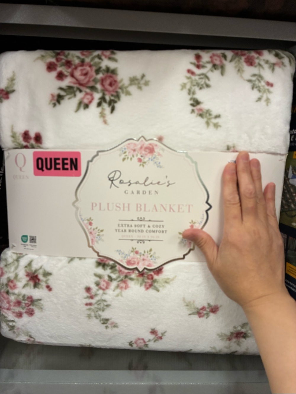 Queen Plush Blanket - White with Pink Floral